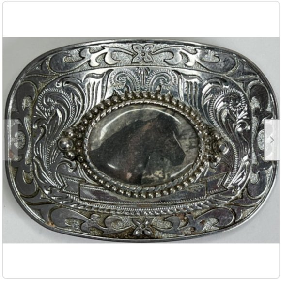 Horse head inlaid cabochon with Vine Scrollwork Trophy Belt Buckle - Picture 1 of 3